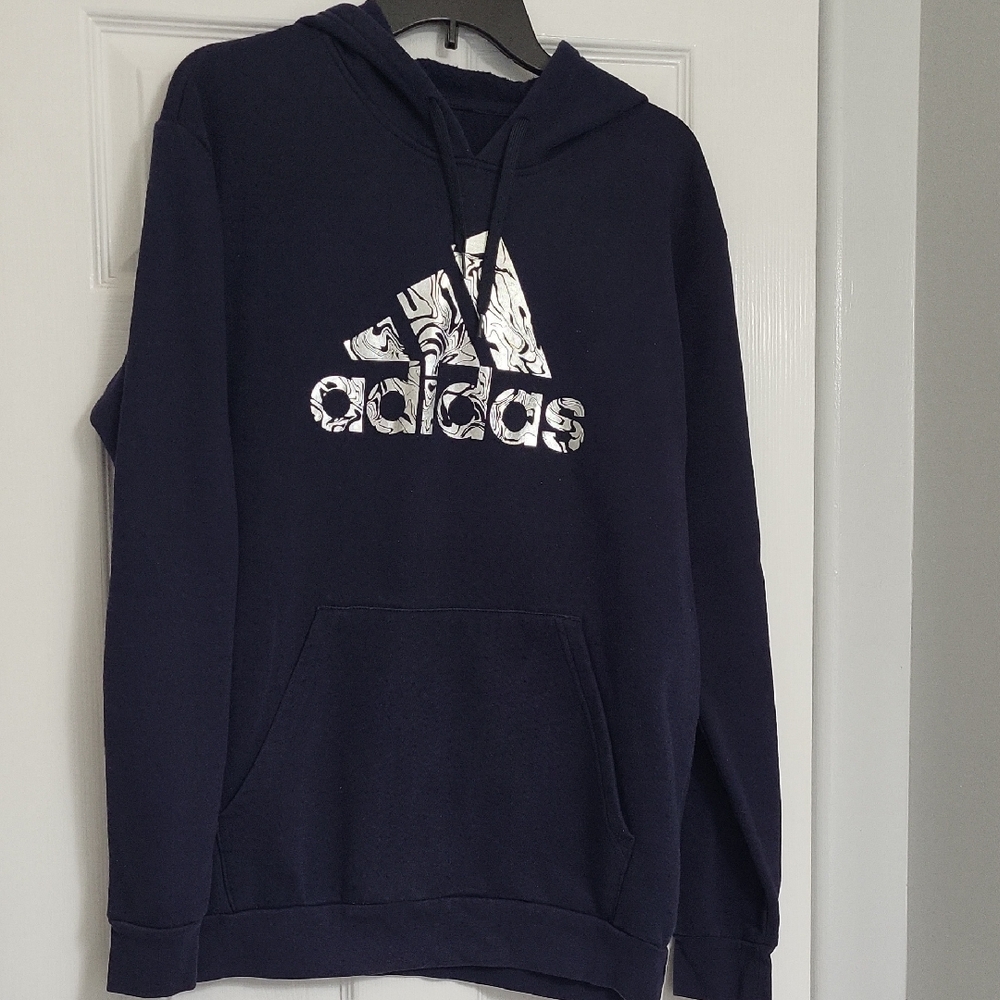 Adidas Men's Dark Blue Hoodie with Silver Logo